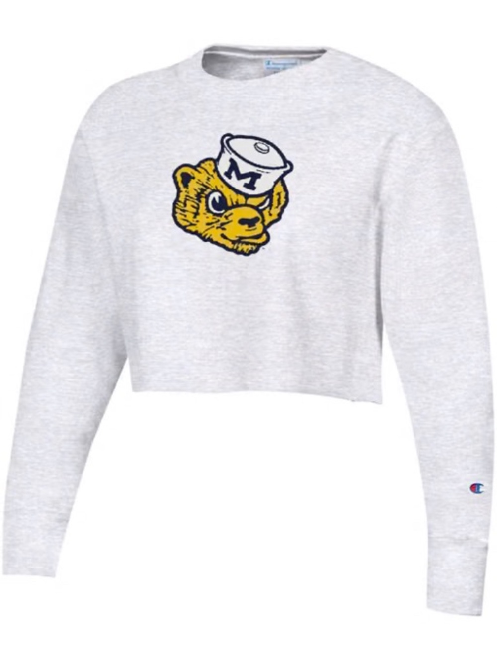 CHAMPION MICHIGAN WOLVERINES WOMENS SILVER REVERSE WEAVE CROPPED BOYFRIEND CREW